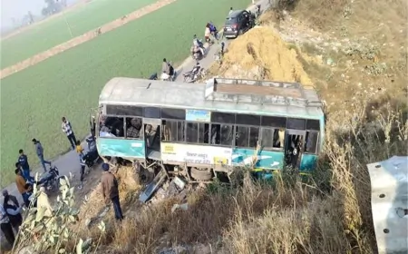 मोगा में पिकअप ट्रक और बस के बीच हुई टक्कर, खाई में गिरी बस