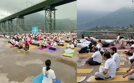 विश्व योग दिवस पर देशभर में कार्यक्रम, चिनाब ब्रिज पर लोगों ने किया योग