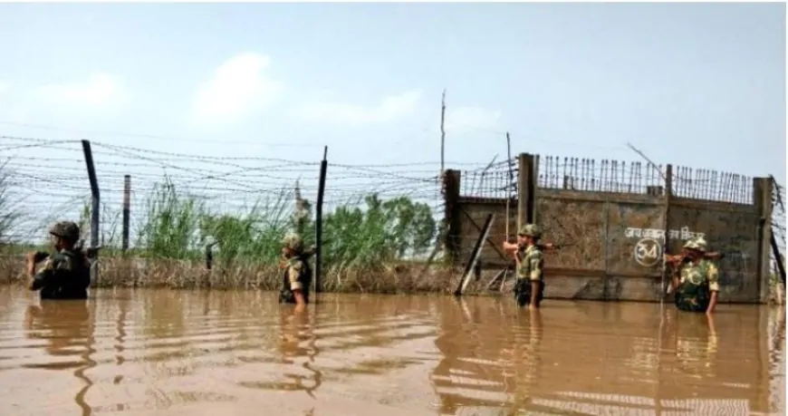 भारत-पाकिस्तान सीमा पर भी बाढ़ का असर, बाढ़ के बावजूद देश की सुरक्षा में तैनात BSF के जवान