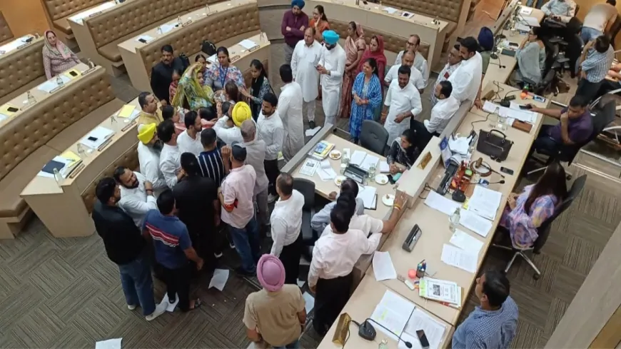 चंडीगढ़ नगर निगम हाउस में हंगामा, कांग्रेस और आप पार्षद जमीन पर बैठे