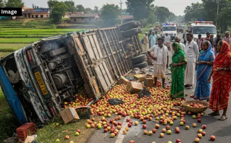 जालंधर-दिल्ली हाईवे पर बड़ा हादसा, सेब से लदा ट्रक दुर्घटनाग्रस्त